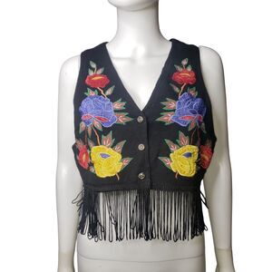 Vintage 90's CONTEMPO CASUALS Floral Embroidered Black Vest Womens Size Large